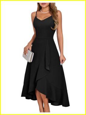 High Low Cocktail Dress Sleeveless V-Neck Ruffle Hem A-Line